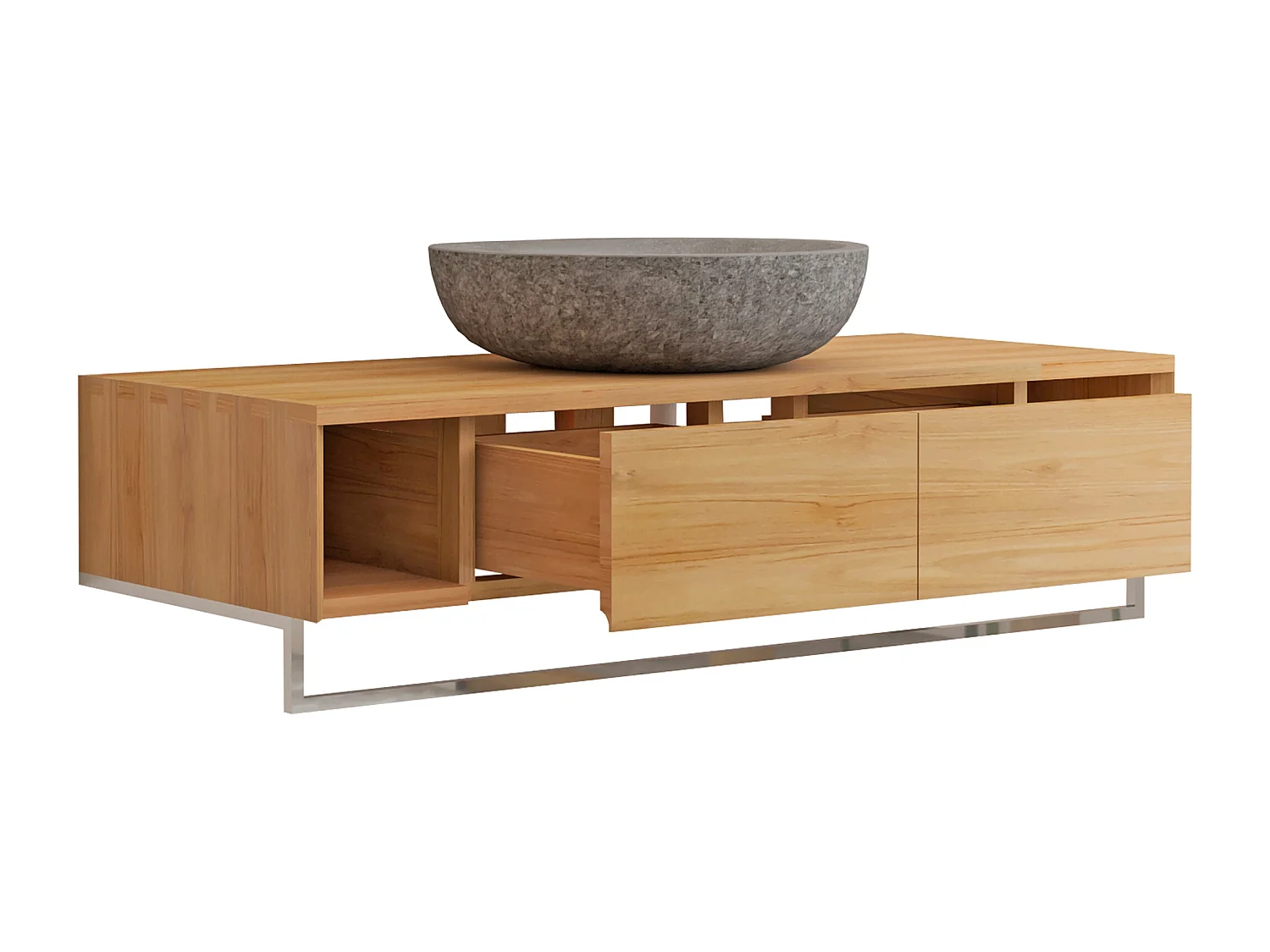 Mobile bagno sospeso in teak con portasciugamani e lavabo da appoggio grigio in pietra 120 cm - KUPANG