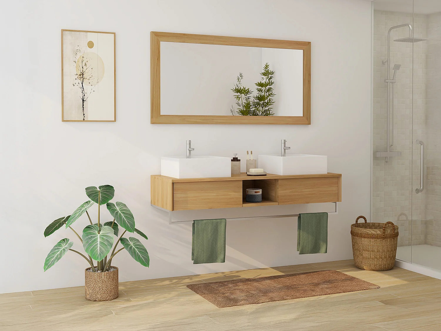 Mobile bagno sospeso in teak con portasciugamani e doppio lavabo da appoggio quadrato in ceramica 140 cm - KUPANG