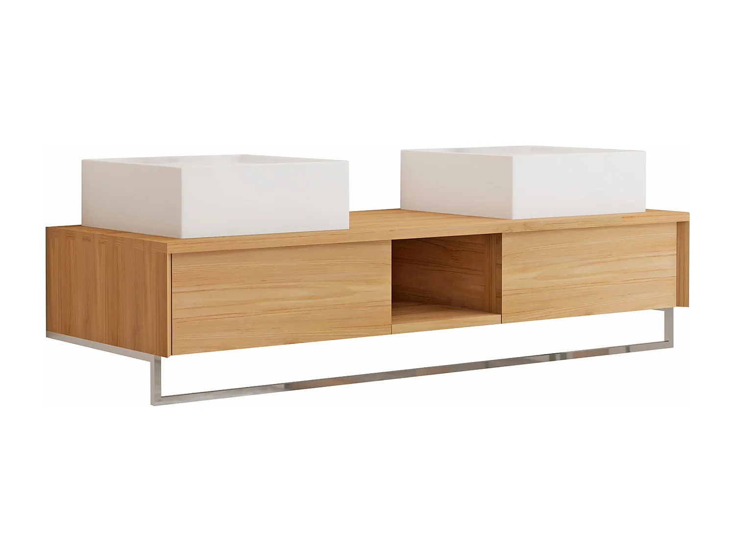 Mobile bagno sospeso in teak con portasciugamani e doppio lavabo da appoggio quadrato in ceramica 140 cm - KUPANG