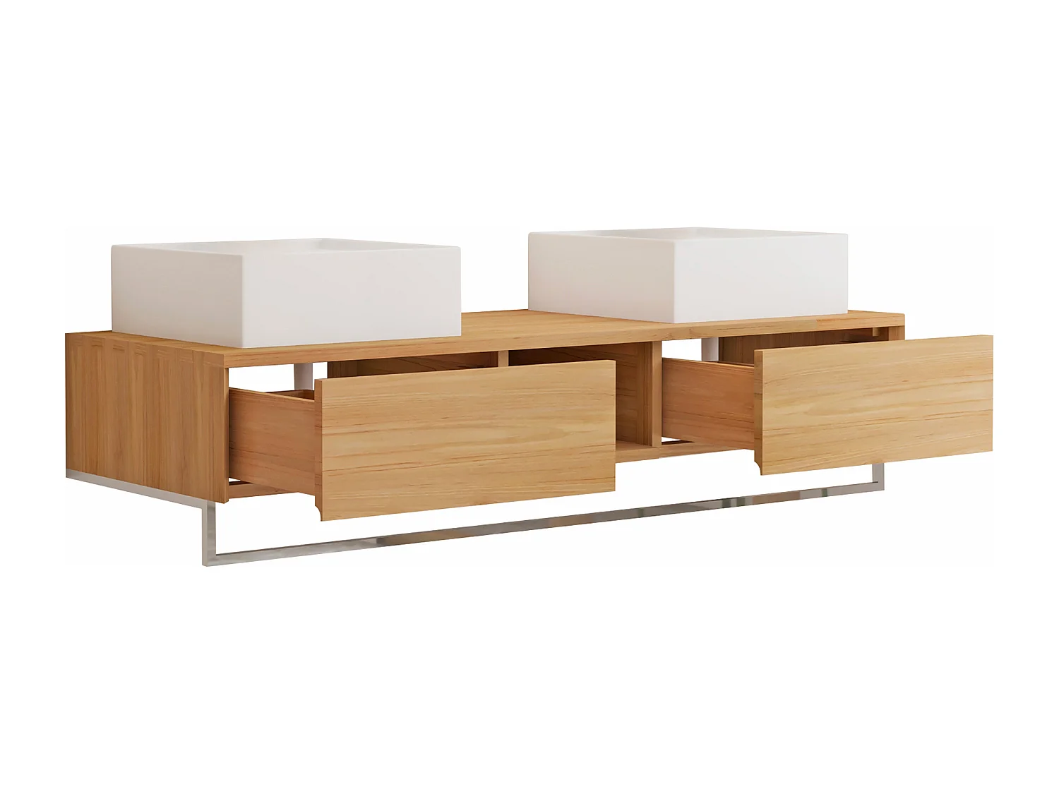 Mobile bagno sospeso in teak con portasciugamani e doppio lavabo da appoggio quadrato in ceramica 140 cm - KUPANG