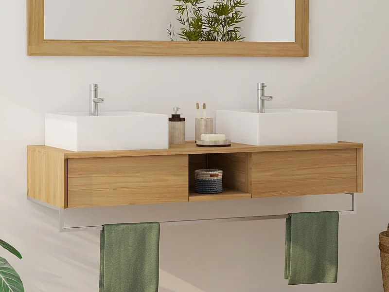 Mobile bagno sospeso in teak con portasciugamani e doppio lavabo da appoggio quadrato in ceramica 140 cm - KUPANG