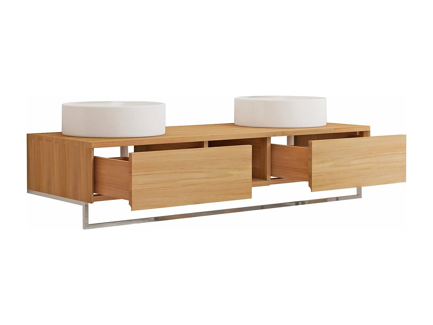 Mobile bagno sospeso in teak con portasciugamani e doppio lavabo da appoggio rotondo in ceramica 140 cm - KUPANG