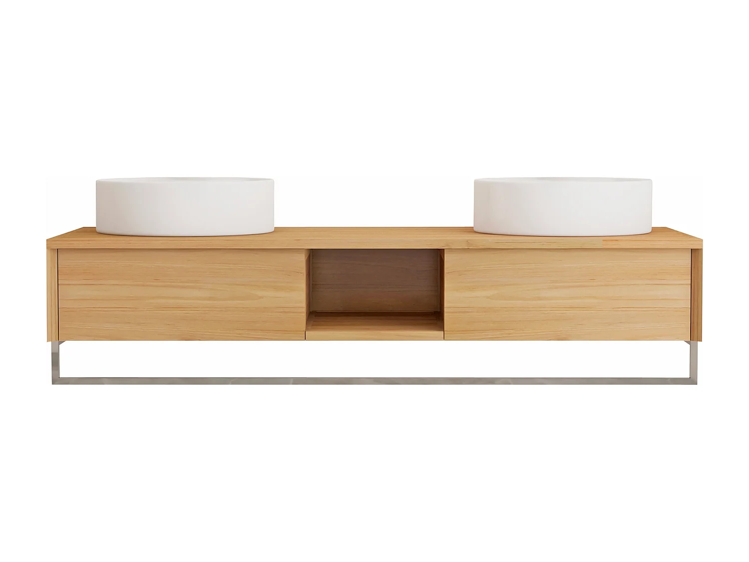 Mobile bagno sospeso in teak con portasciugamani e doppio lavabo da appoggio rotondo in ceramica 140 cm - KUPANG