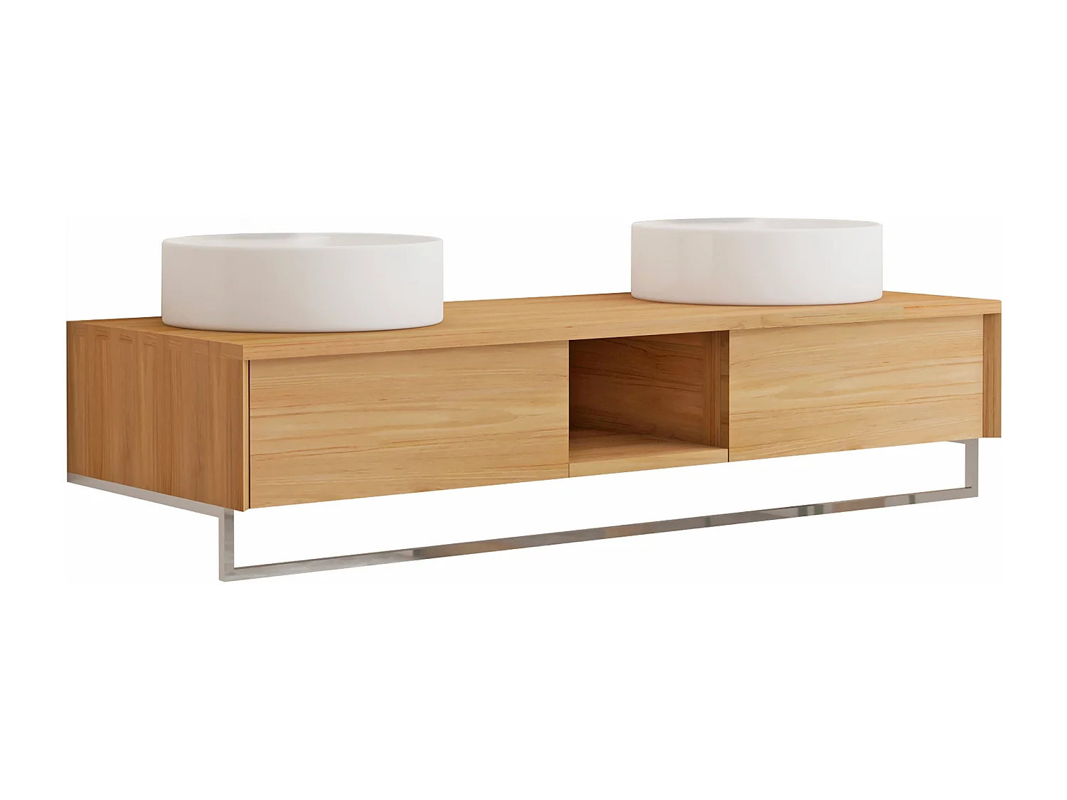 Mobile bagno sospeso in teak con portasciugamani e doppio lavabo da appoggio rotondo in ceramica 140 cm - KUPANG