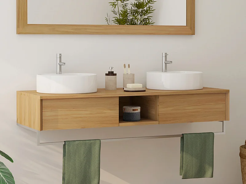 Mobile bagno sospeso in teak con portasciugamani e doppio lavabo da appoggio rotondo in ceramica 140 cm - KUPANG