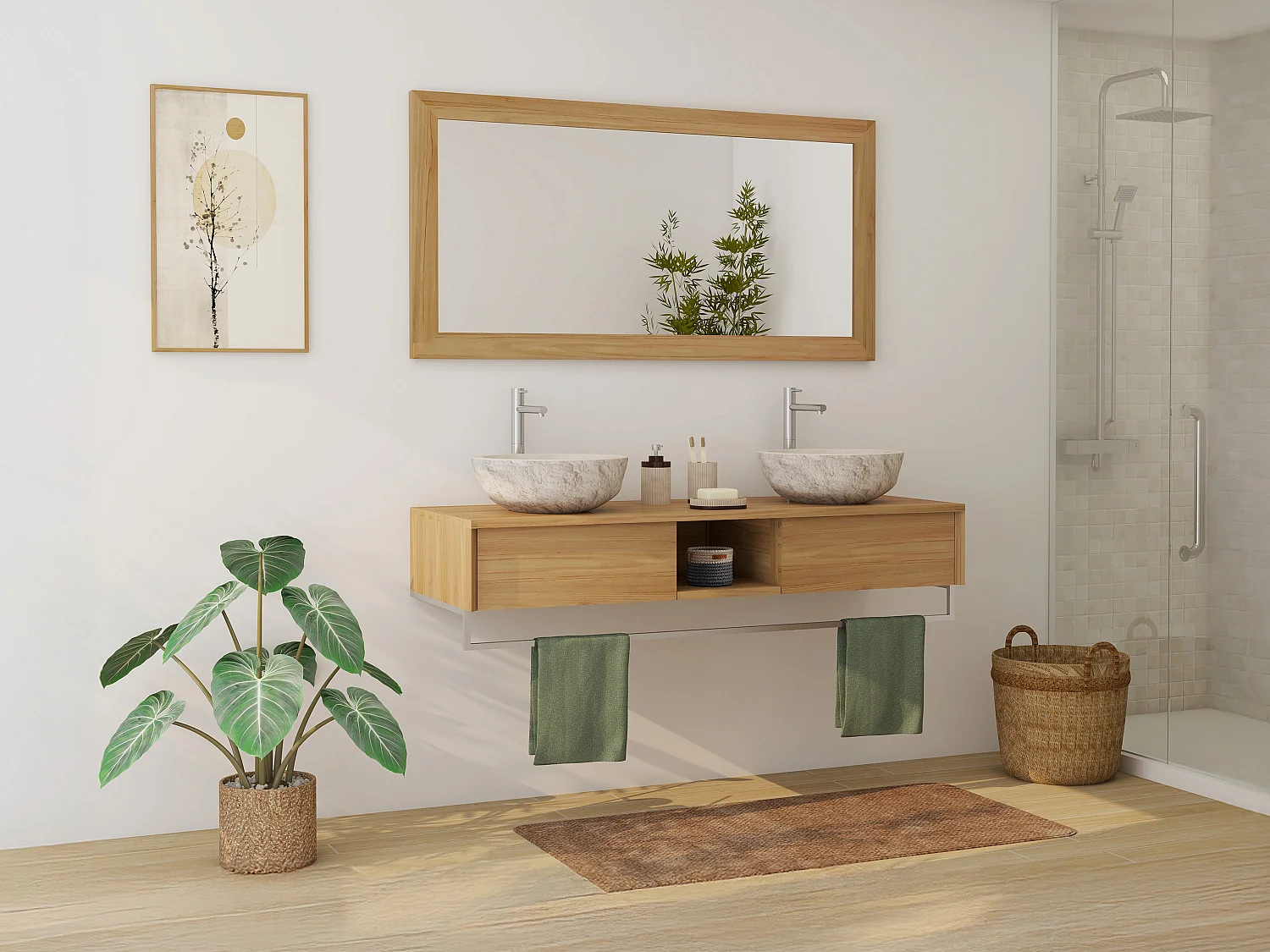 Mobile bagno sospeso in teak con portasciugamani e doppio lavabo da appoggio crema in pietra 140 cm - KUPANG