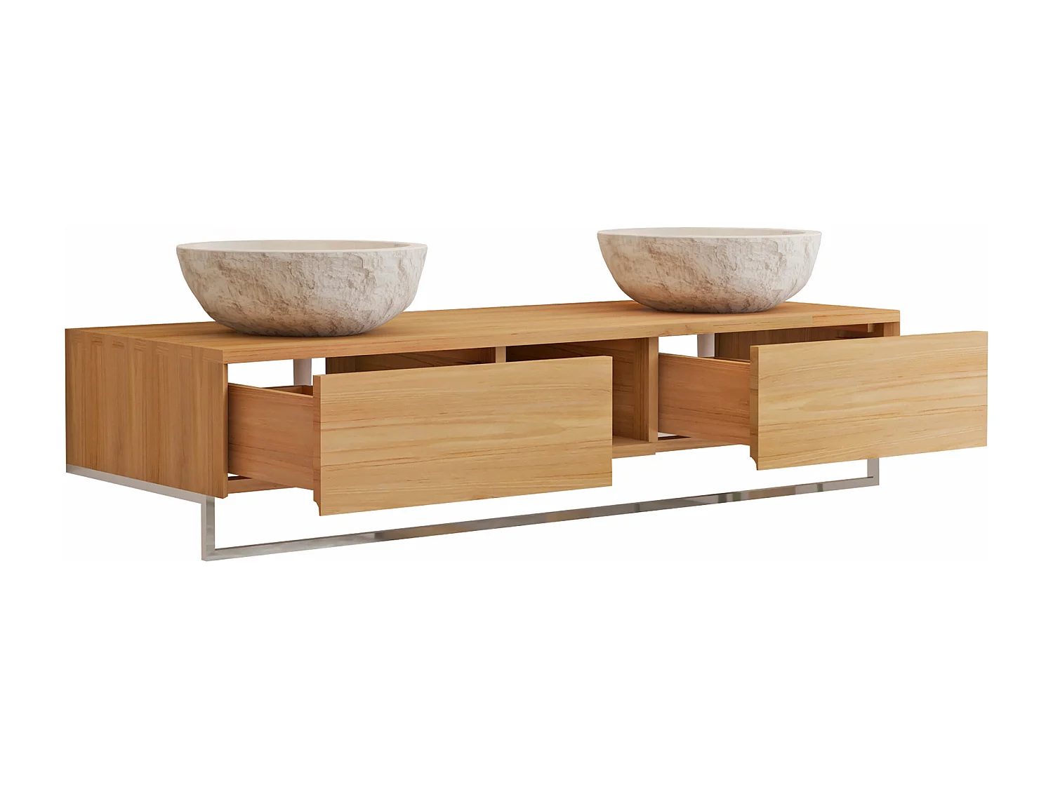 Mobile bagno sospeso in teak con portasciugamani e doppio lavabo da appoggio crema in pietra 140 cm - KUPANG