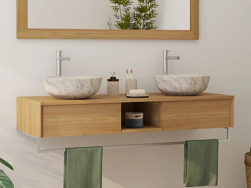 Mobile bagno sospeso in teak con portasciugamani e doppio lavabo da appoggio crema in pietra 140 cm - KUPANG