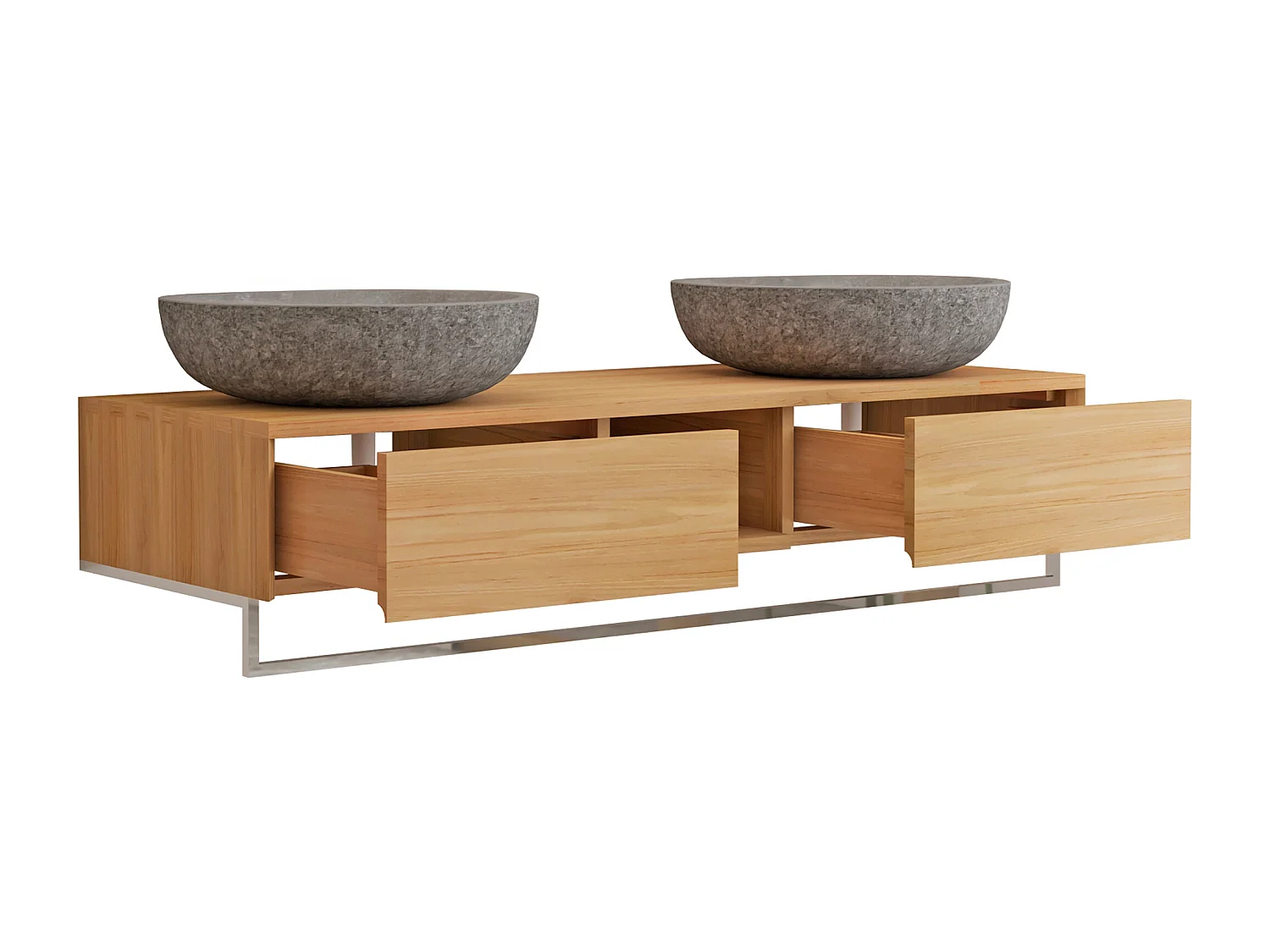 Mobile bagno sospeso in teak con portasciugamani e doppio lavabo da appoggio grigio in pietra 140 cm - KUPANG