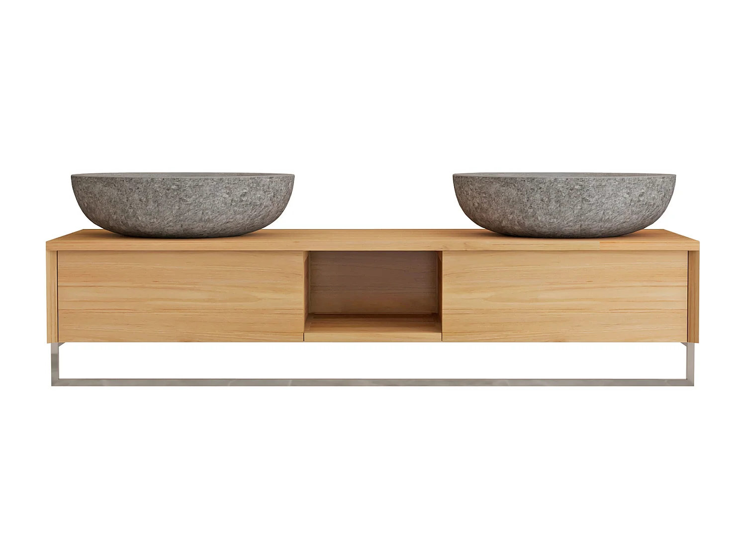 Mobile bagno sospeso in teak con portasciugamani e doppio lavabo da appoggio grigio in pietra 140 cm - KUPANG