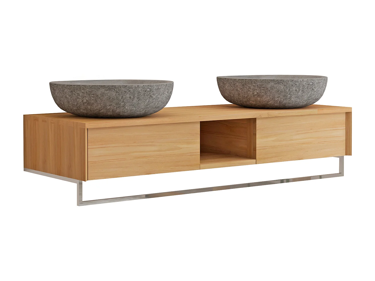 Mobile bagno sospeso in teak con portasciugamani e doppio lavabo da appoggio grigio in pietra 140 cm - KUPANG