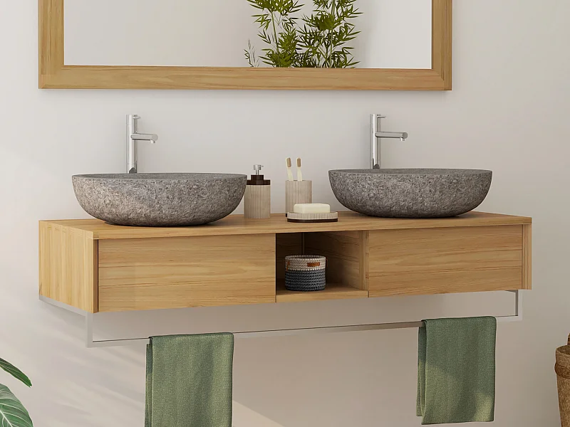 Mobile bagno sospeso in teak con portasciugamani e doppio lavabo da appoggio grigio in pietra 140 cm - KUPANG