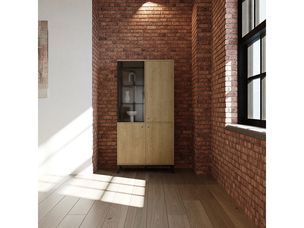 Vitrine meuble de rangement 4 portes couleur chêne / noir - Largeur 93,4 x Profondeur 39,6 x Hauteur 186,1 cm