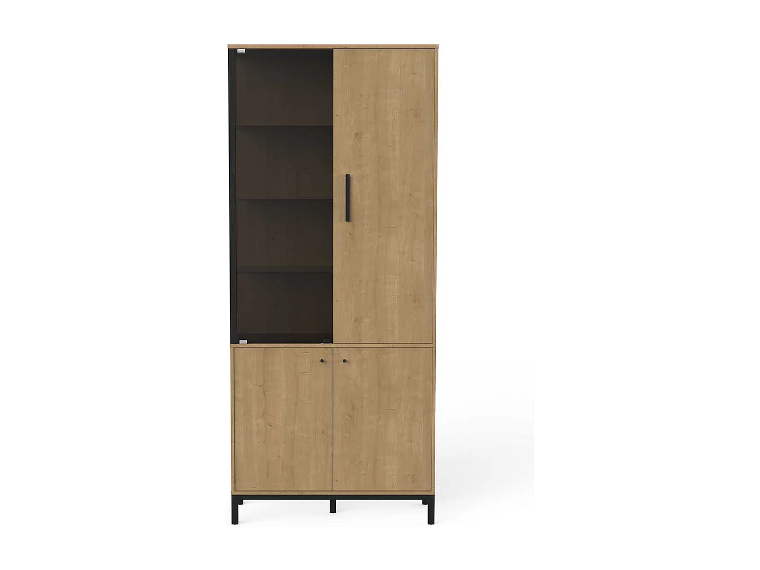 Vitrine meuble de rangement 4 portes couleur chêne / noir - Largeur 93,4 x Profondeur 39,6 x Hauteur 186,1 cm