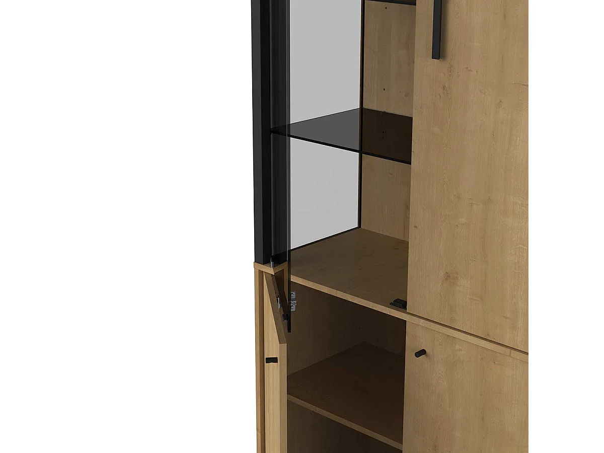 Vitrine meuble de rangement 4 portes couleur chêne / noir - Largeur 93,4 x Profondeur 39,6 x Hauteur 186,1 cm