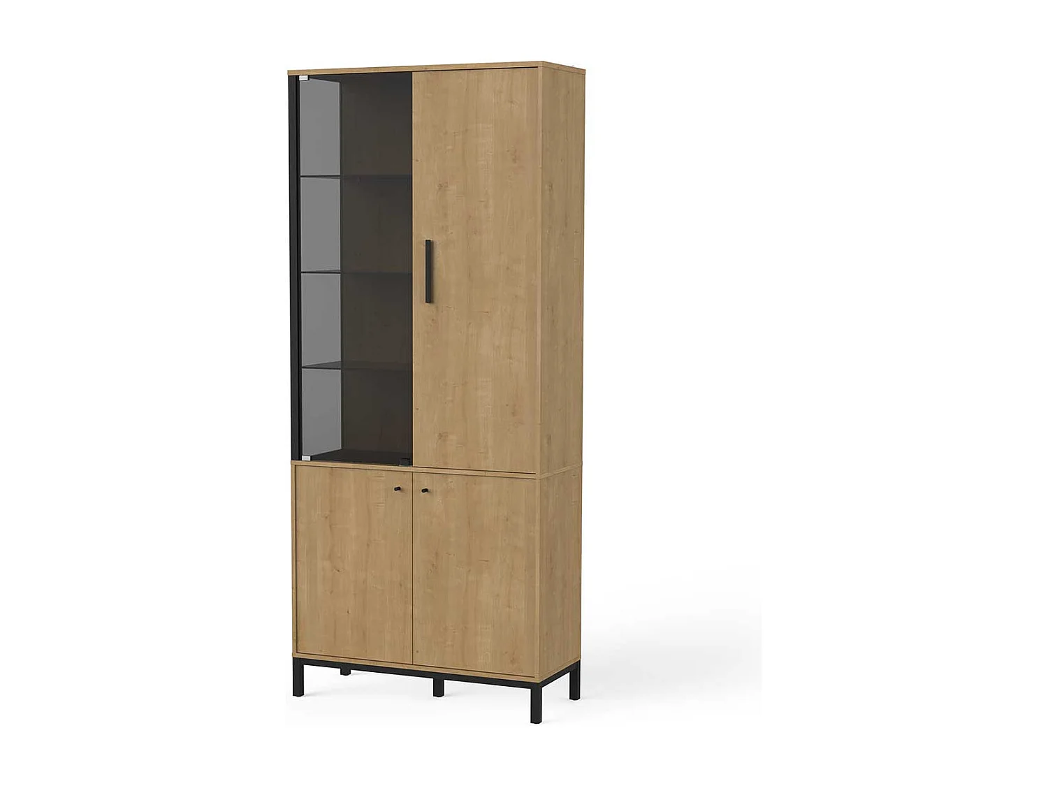 Vitrine meuble de rangement 4 portes couleur chêne / noir - Largeur 93,4 x Profondeur 39,6 x Hauteur 186,1 cm