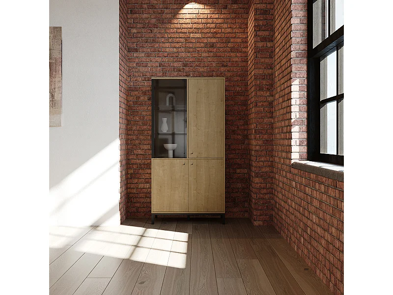 Vitrine meuble de rangement 4 portes couleur chêne / noir - Largeur 93,4 x Profondeur 39,6 x Hauteur 186,1 cm