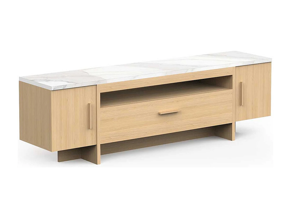 Meuble TV 2 portes 1 tiroir 1 niche couleur chêne clair / marbre - Largeur 178,8 x Profondeur 39,4 x Hauteur 57,6 cm