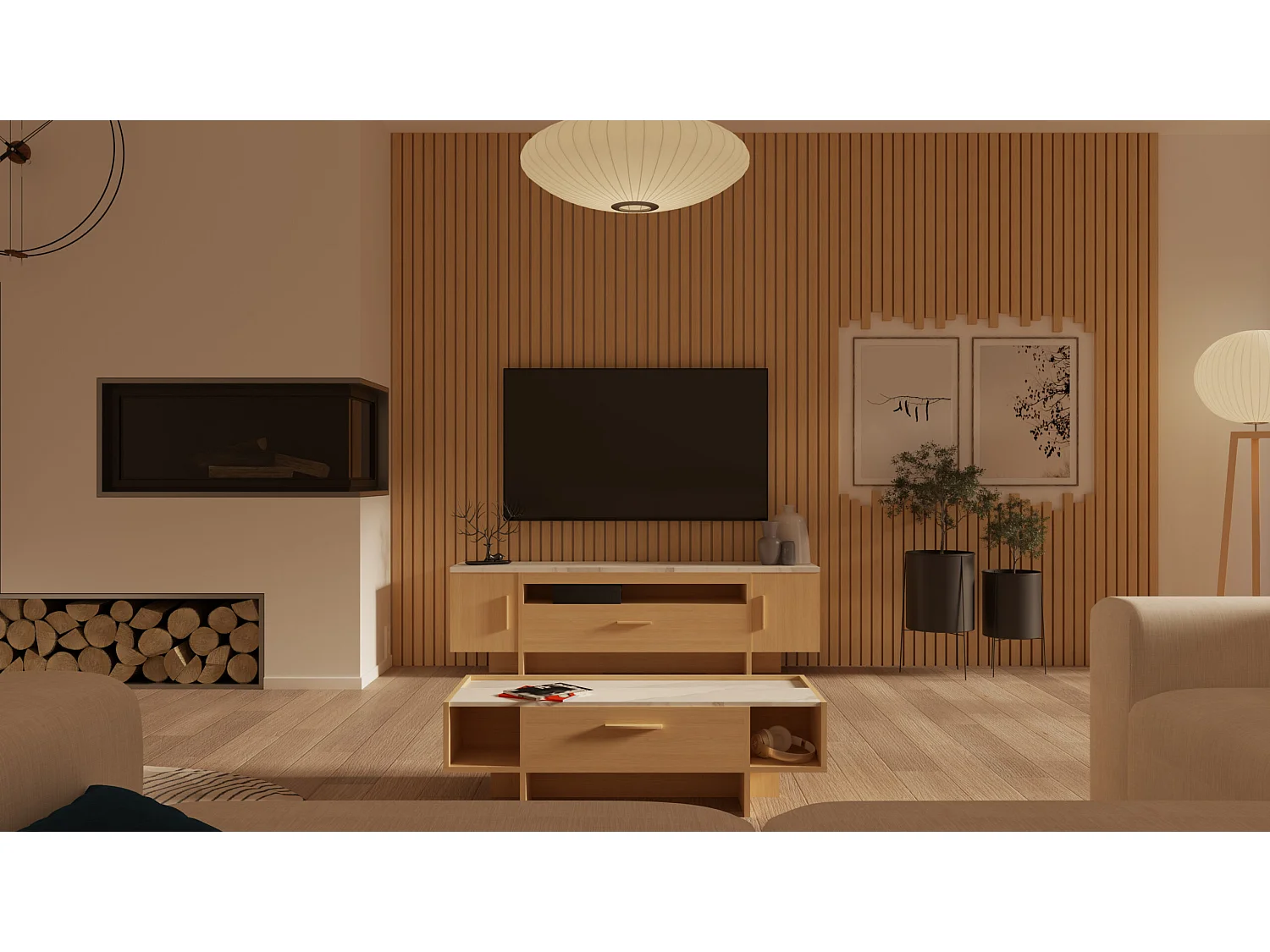 Meuble TV 2 portes 1 tiroir 1 niche couleur chêne clair / marbre - Largeur 178,8 x Profondeur 39,4 x Hauteur 57,6 cm