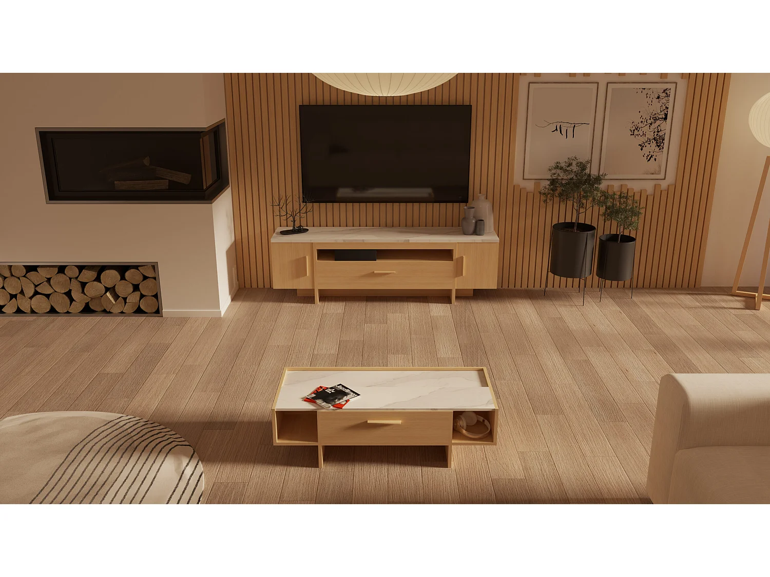 Meuble TV 2 portes 1 tiroir 1 niche couleur chêne clair / marbre - Largeur 178,8 x Profondeur 39,4 x Hauteur 57,6 cm