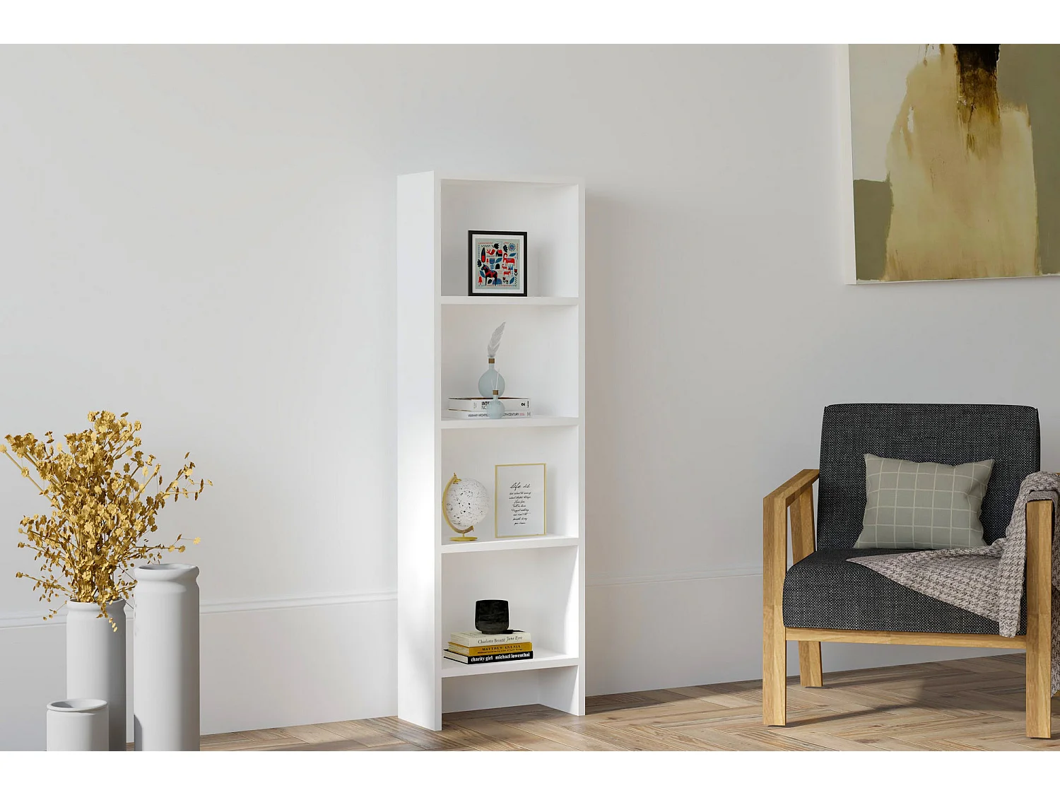 "Modern Vit Trä Bokhylla Barkin - 4 Hyllor - Skandinavisk Stil 40x19x150cm"