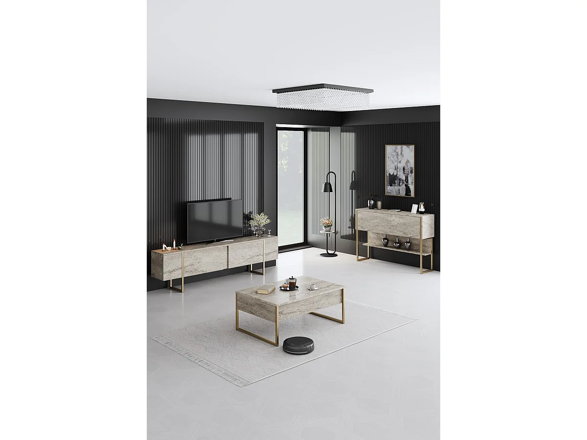 Luxe" houten console - 120 x 30 x 80 cm - Goud Travertin