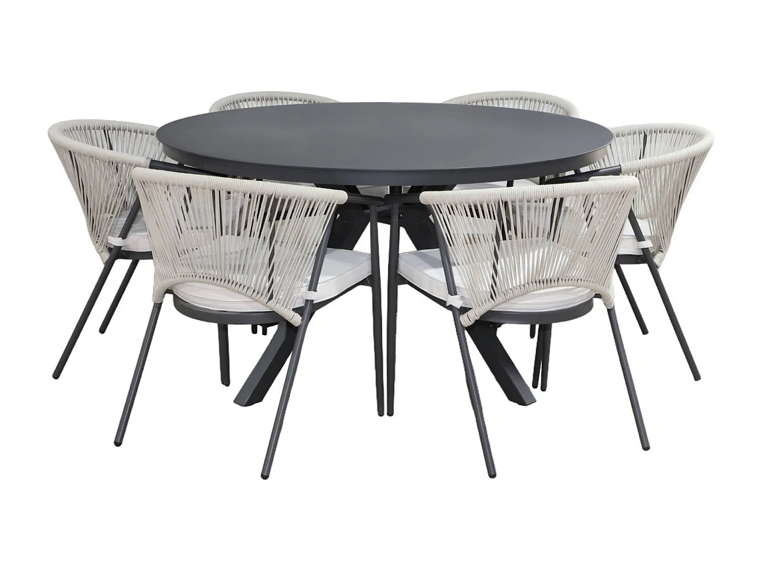Table de jardin ronde aluminium et verre + 6 assises anthracite et beige - Orbis et Liora