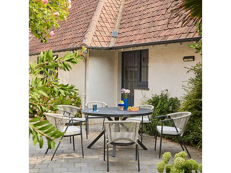 Table de jardin ronde aluminium et verre + 6 assises anthracite et beige - Orbis et Liora