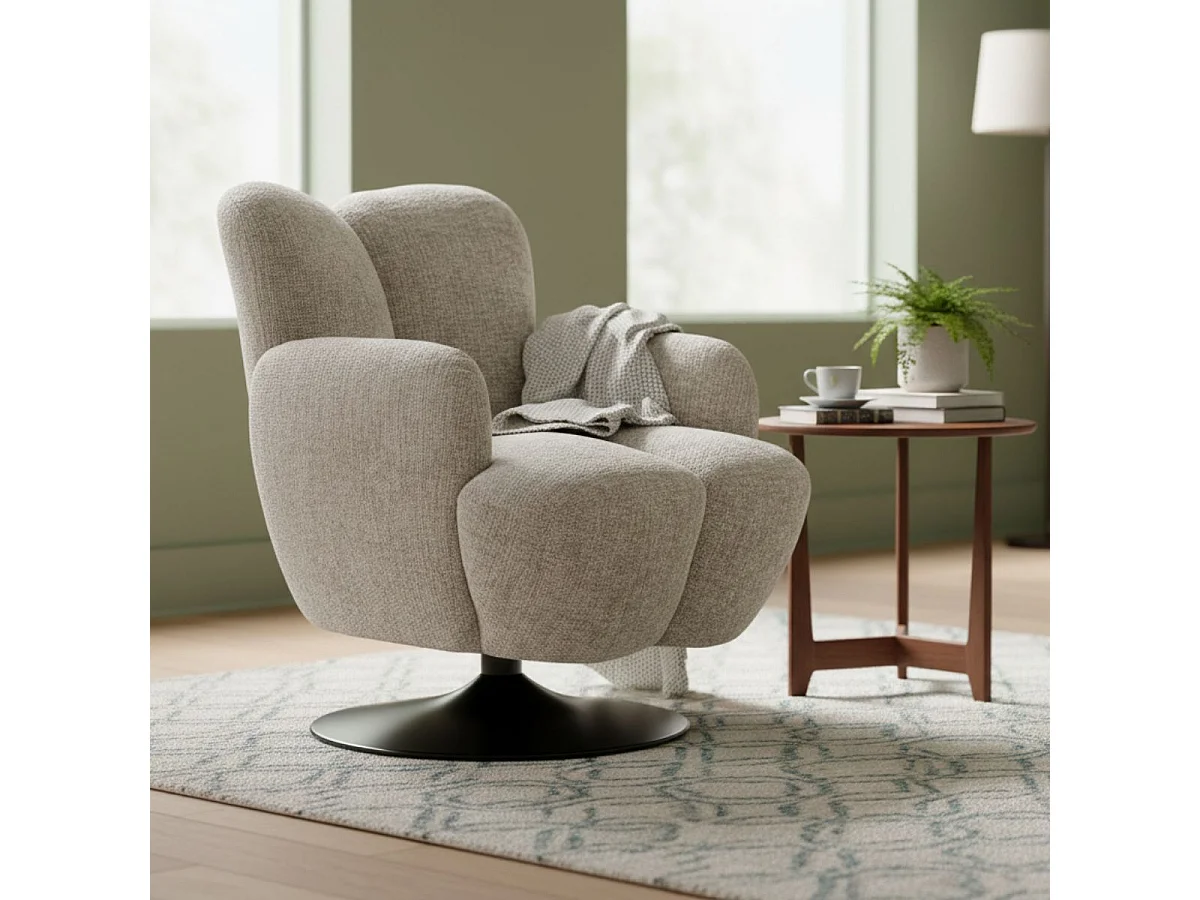 Fauteuil lounge pivotant avec accoudoir en tissu chenillé beige piètement socle métal noir - GOTHAM