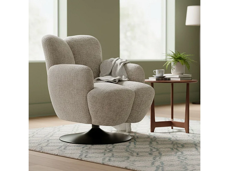 Fauteuil lounge pivotant avec accoudoir en tissu chenillé beige piètement socle métal noir - GOTHAM