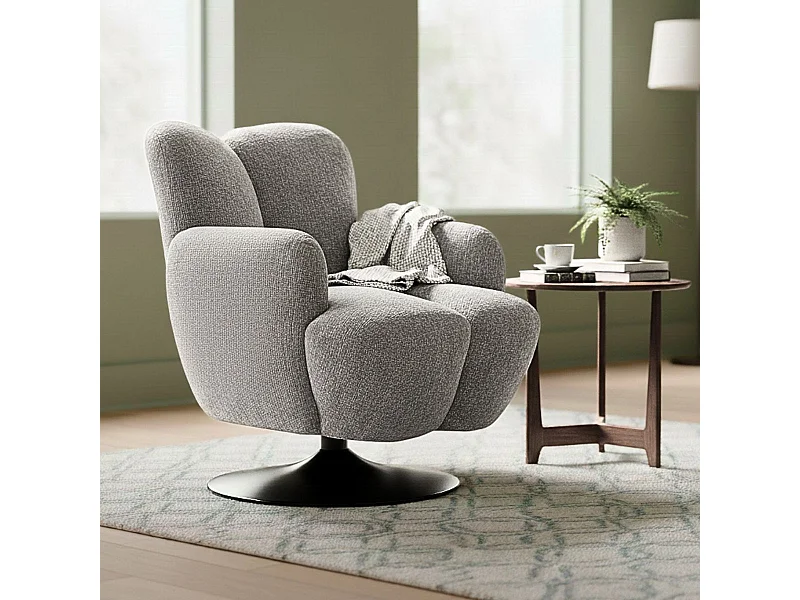 Fauteuil lounge pivotant avec accoudoir en tissu chenillé gris piètement socle métal noir - GOTHAM