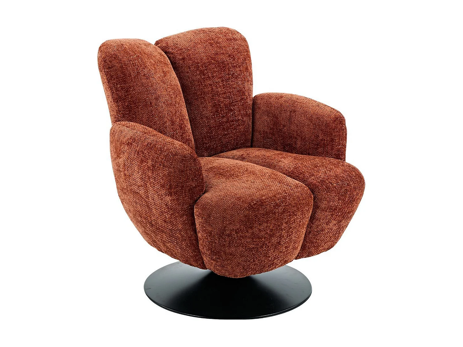 Fauteuil lounge pivotant avec accoudoir en tissu chenillé terracotta piètement socle métal noir - GOTHAM