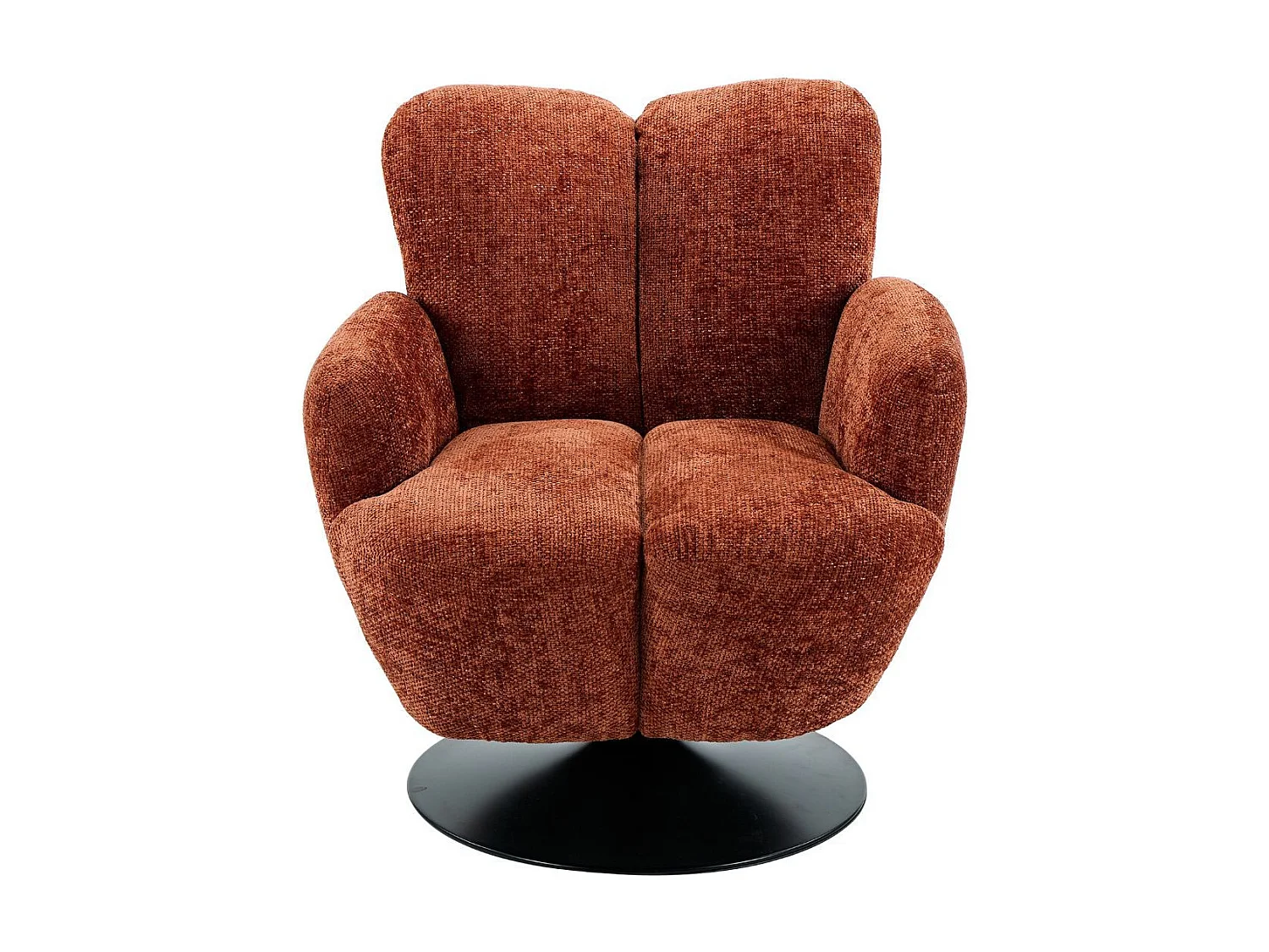 Fauteuil lounge pivotant avec accoudoir en tissu chenillé terracotta piètement socle métal noir - GOTHAM