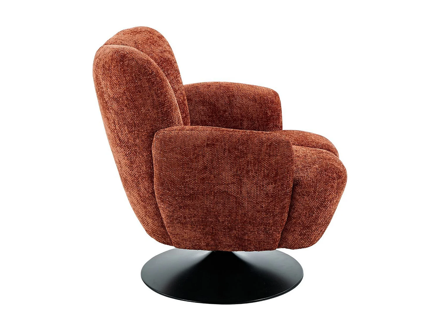 Fauteuil lounge pivotant avec accoudoir en tissu chenillé terracotta piètement socle métal noir - GOTHAM