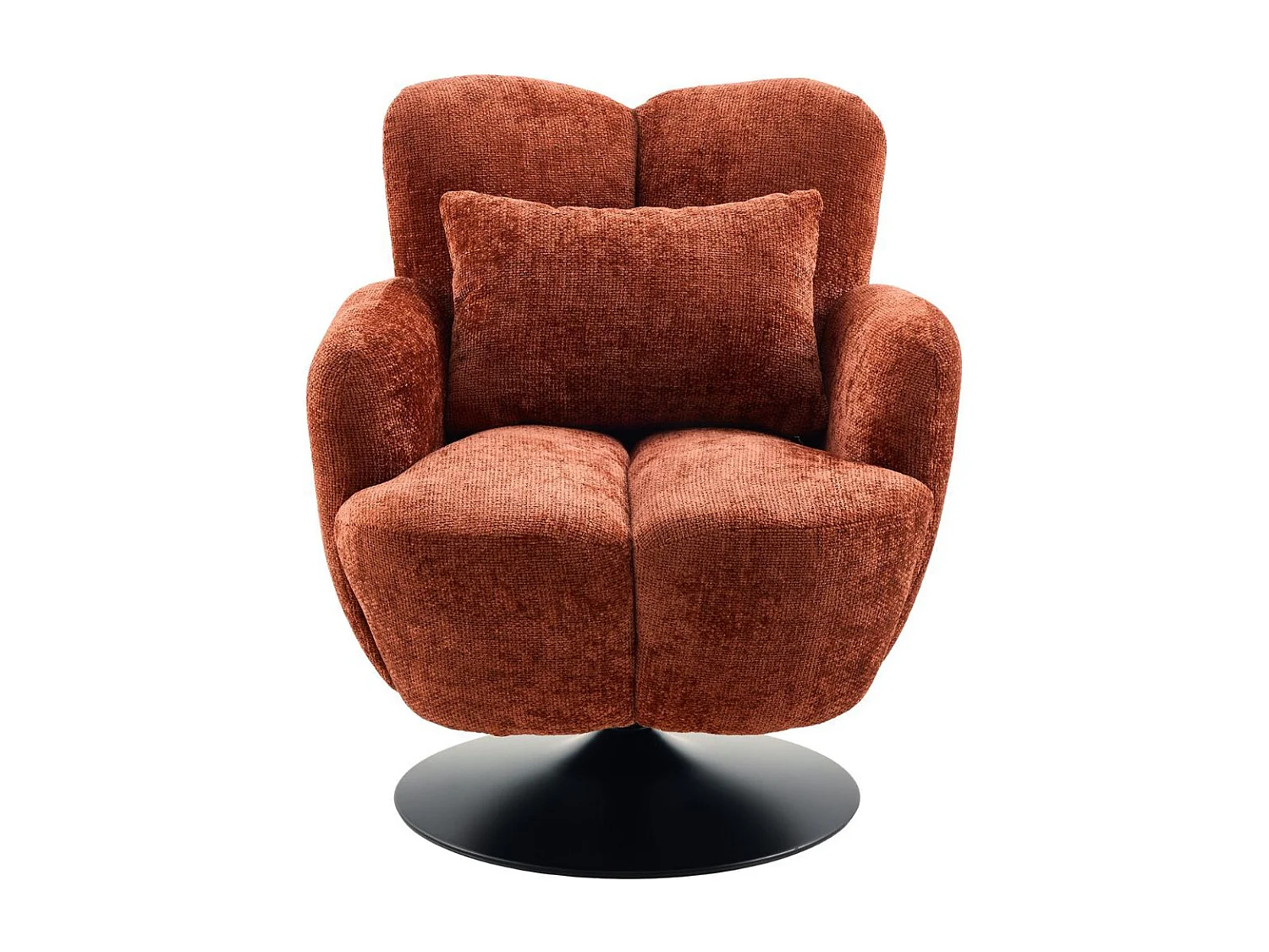 Fauteuil lounge pivotant avec accoudoir en tissu chenillé terracotta piètement socle métal noir - GOTHAM