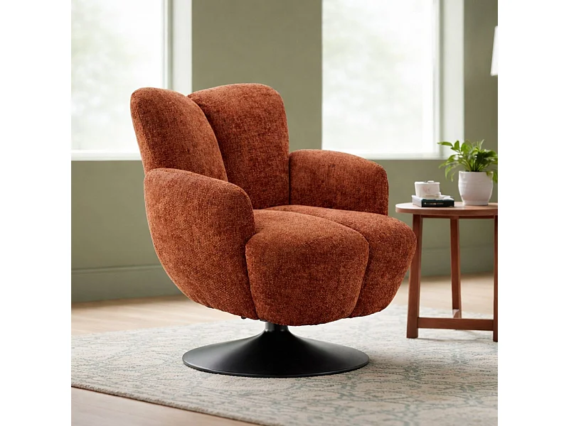 Fauteuil lounge pivotant avec accoudoir en tissu chenillé terracotta piètement socle métal noir - GOTHAM