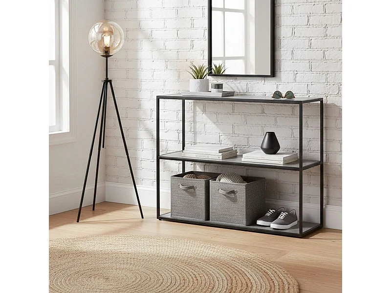 Console en acier laqué anthracite avec plateaux en verre finition aspect céramique - STRATE