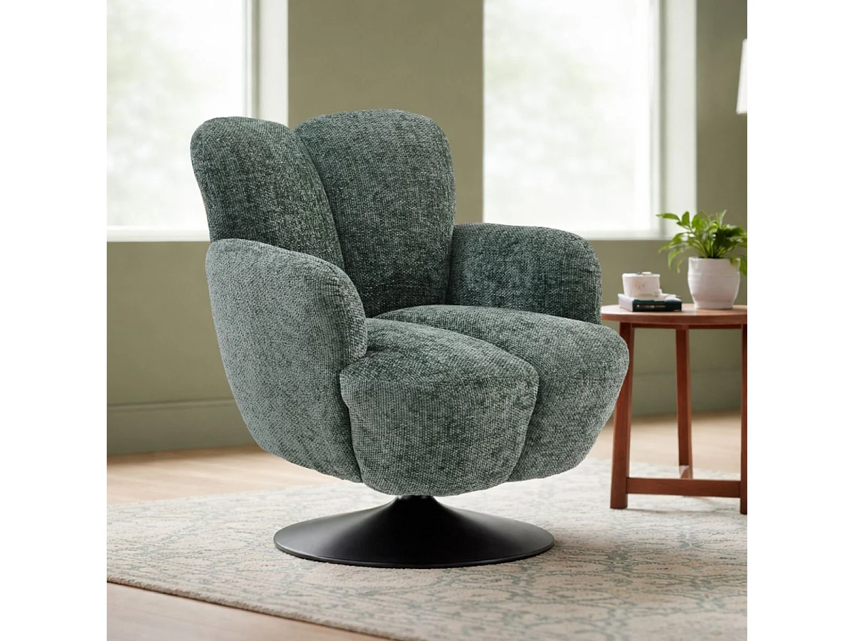 Fauteuil lounge pivotant avec accoudoir en tissu chenillé vert piètement socle métal noir - GOTHAM