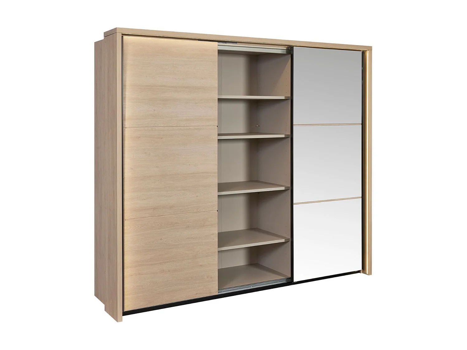 Armoire 3 portes coulissantes avec miroir et leds aspect bois et noir - LUDY
