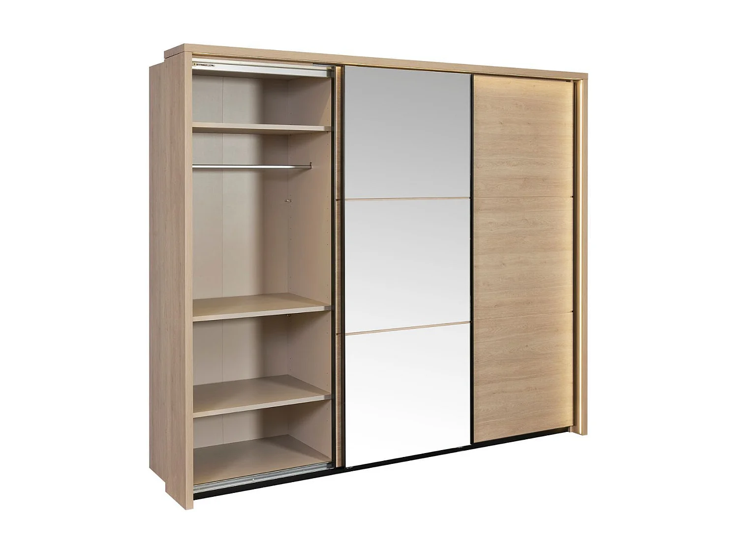 Armoire 3 portes coulissantes avec miroir et leds aspect bois et noir - LUDY
