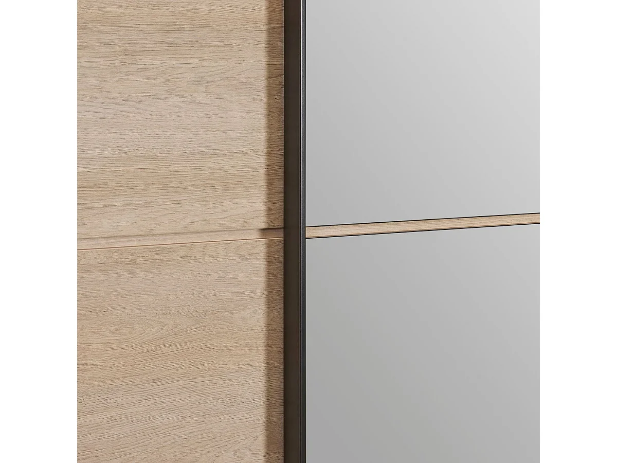 Armoire 3 portes coulissantes avec miroir et leds aspect bois et noir - LUDY