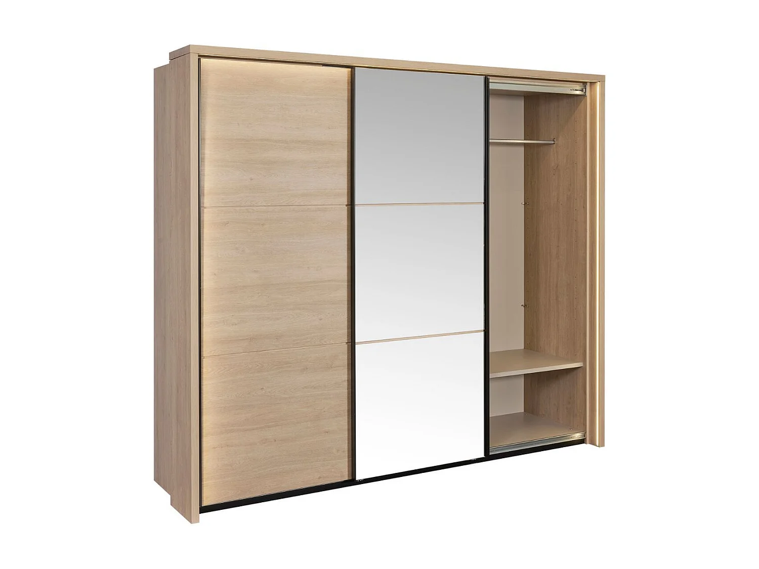 Armoire 3 portes coulissantes avec miroir et leds aspect bois et noir - LUDY