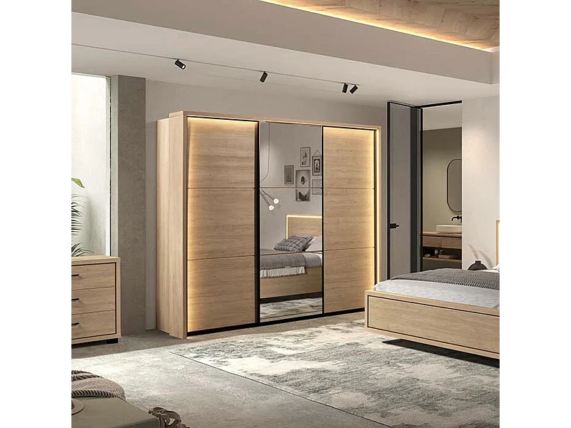 Armoire 3 portes coulissantes avec miroir et leds aspect bois et noir - LUDY