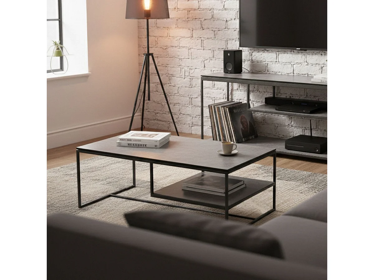 Table basse en acier laqué anthracite avec plateaux en verre finition aspect céramique - STRATE