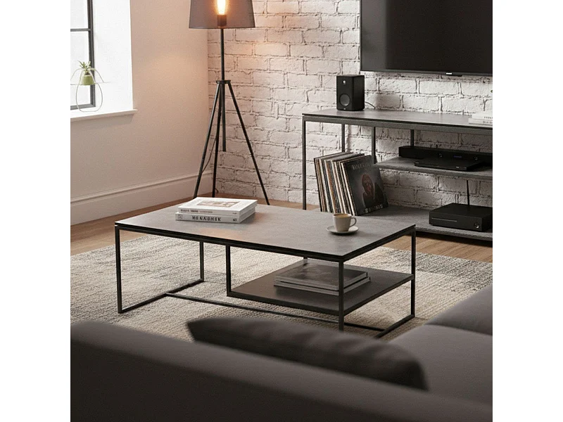 Table basse en acier laqué anthracite avec plateaux en verre finition aspect céramique - STRATE