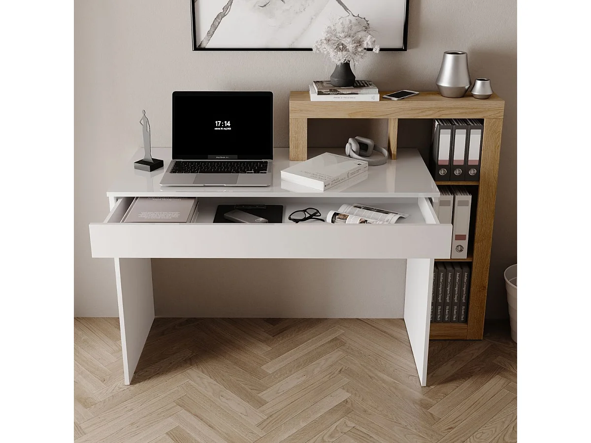 Bureau 1 tiroir avec étagères décalées blanc laqué et aspect bois finition Cadiz - ARTURO