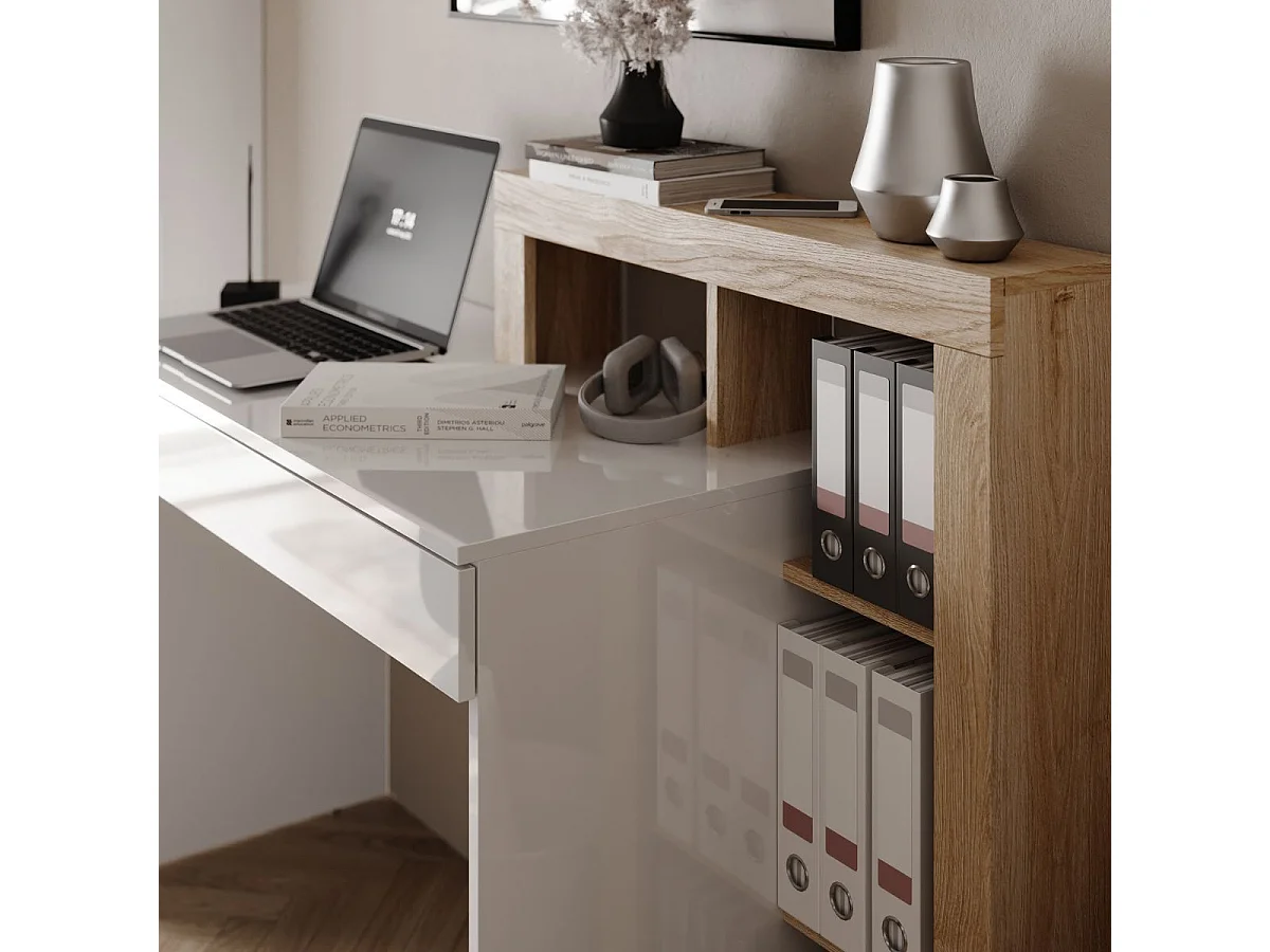 Bureau 1 tiroir avec étagères décalées blanc laqué et aspect bois finition Cadiz - ARTURO