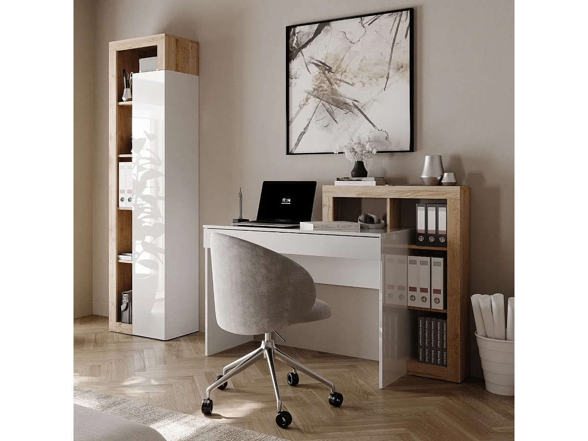 Bureau 1 tiroir avec étagères décalées blanc laqué et aspect bois finition Cadiz - ARTURO