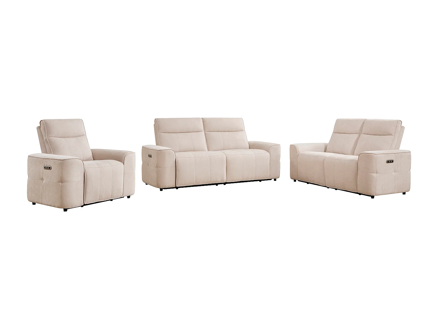 Canapé 3 places 2 places et un fauteuil relax électrique en tissu chenille beige SCAMOCO