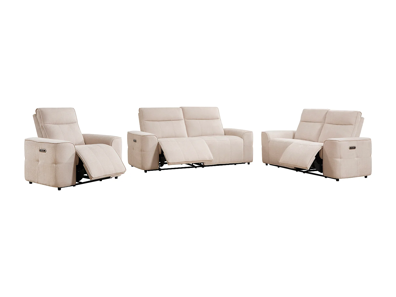 Canapé 3 places 2 places et un fauteuil relax électrique en tissu chenille beige SCAMOCO